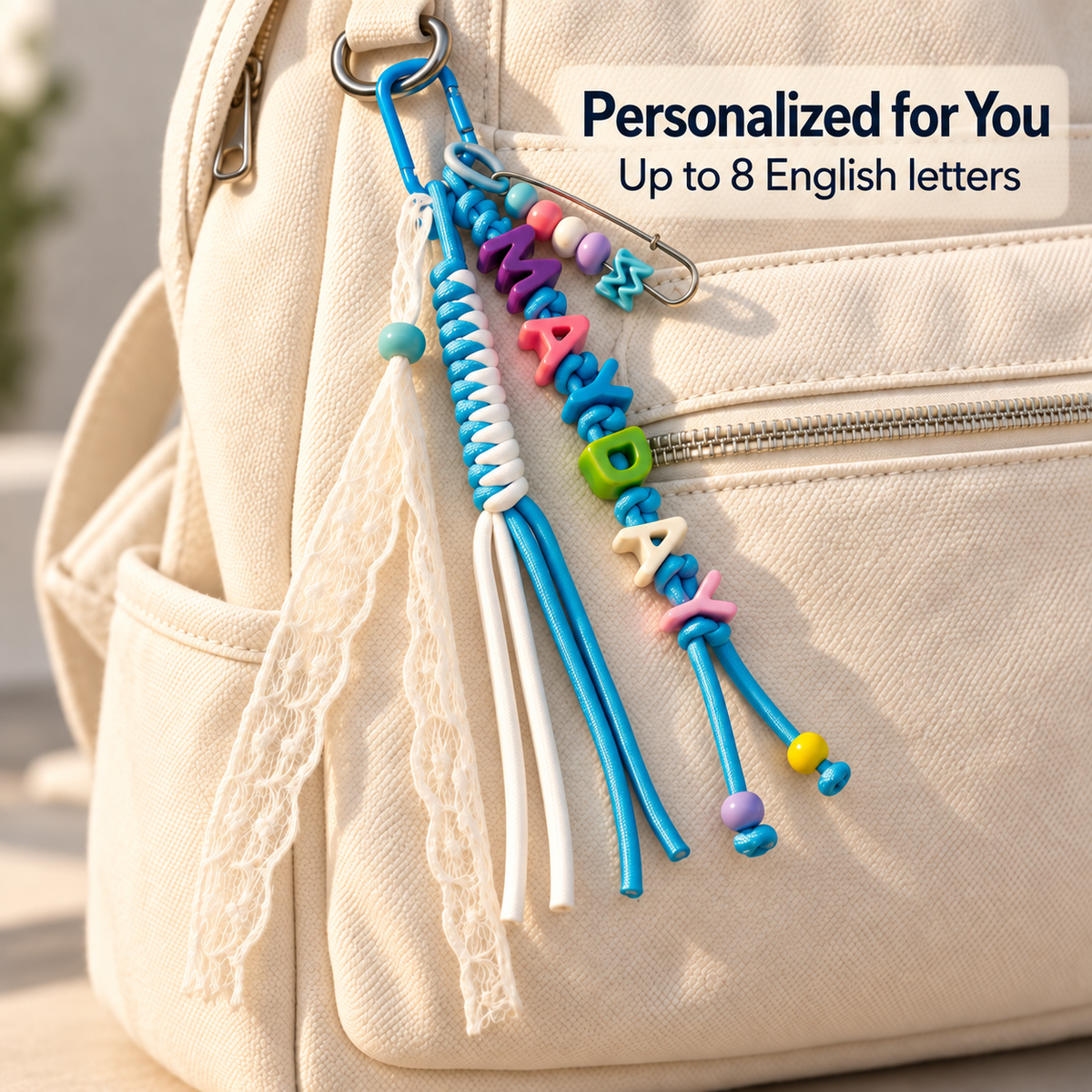 Personalized Name Bag Charm – Custom Letter Keychain with Braided Cord