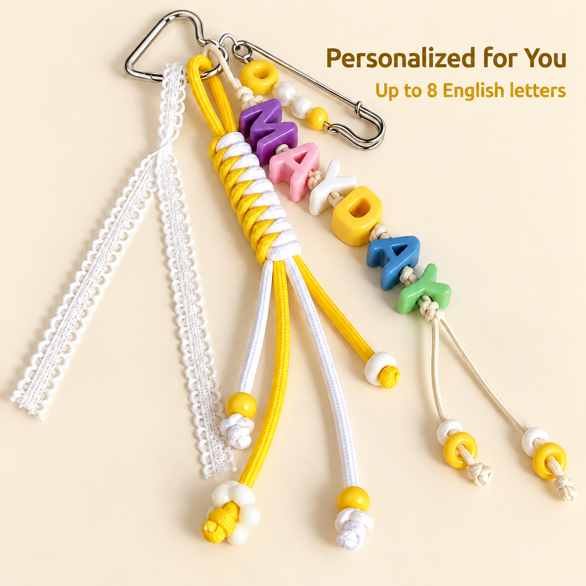 Personalized Name Bag Charm – Custom Letter Keychain with Braided Cord