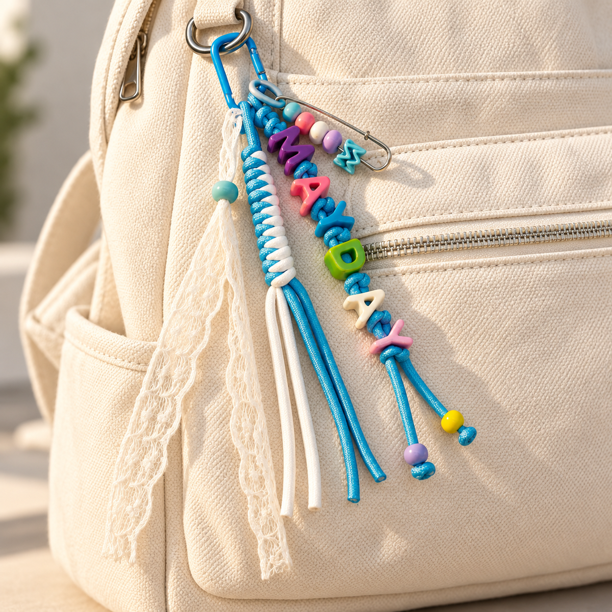 Personalized Name Bag Charm – Custom Letter Keychain with Braided Cord
