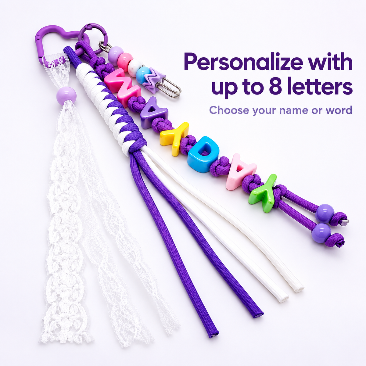Personalized Name Bag Charm – Custom Letter Keychain with Braided Cord